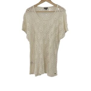 Eddie Bauer Ivory Crocheted Linen Cotton Tunic Sweater Sz L Coastal Beach Preppy